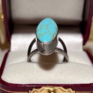 Vintage Handmade Huge Genuine Turquoise Ring 925 Sterling Silver Bezel Set